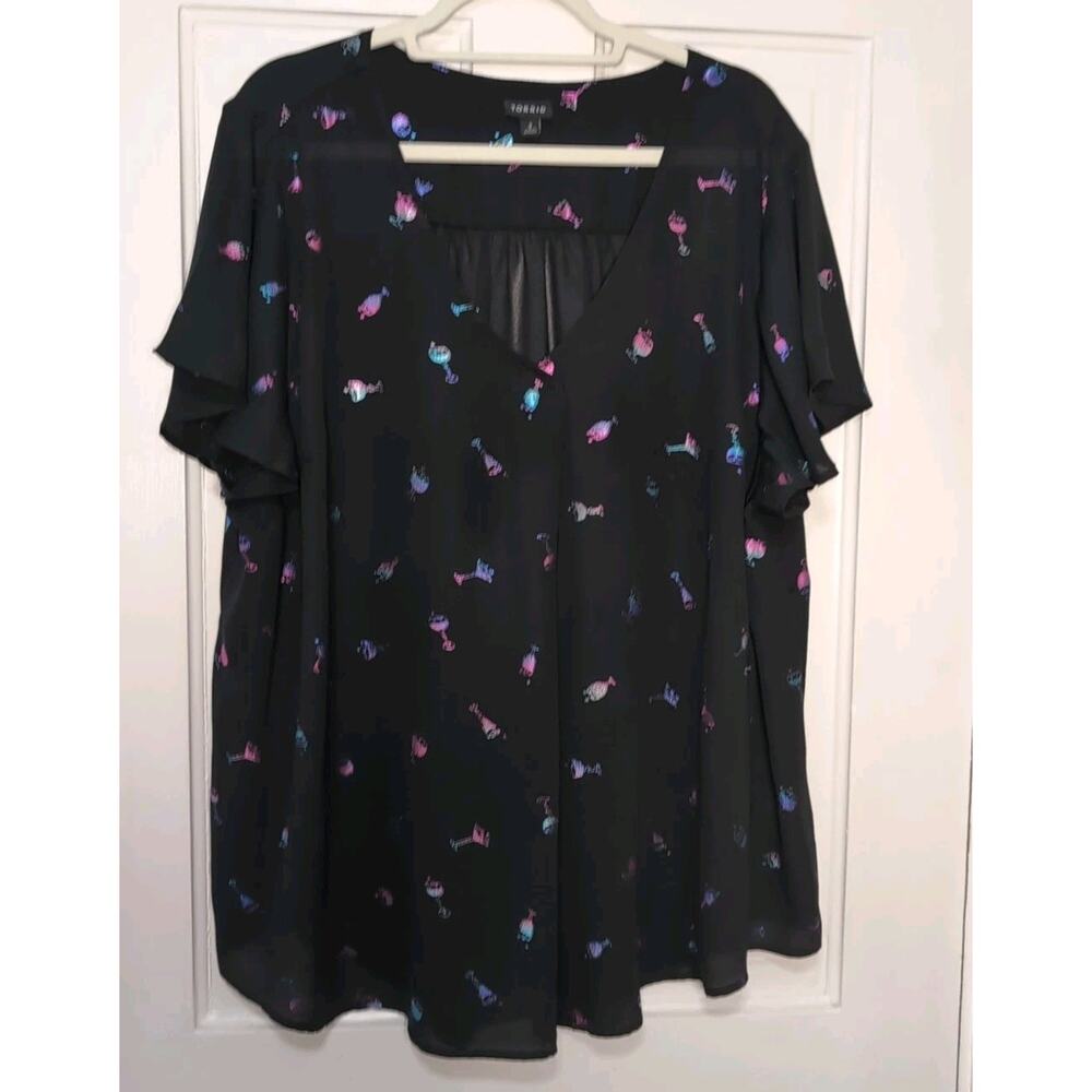 Torrid Black Cocktail Print Georgette Pleat Front Blouse Plus Women's 3(1126)